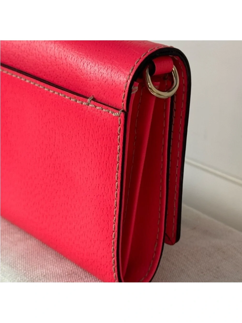 Kate Spade Wellesley Crossbody Wallet On Chain Red Coral Pebbled Leather - GUC